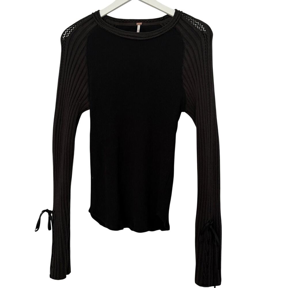 Free People Mixed-Up Cuff Sweater Black XL Lace-Up Knit
